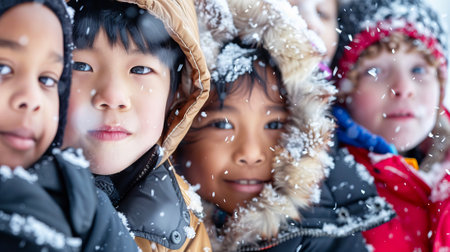 Diverse group of children in winter coats enjoying snowfall. concept of friendship, childhood joy, and cultural diversity.の写真素材
