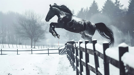 Majestic black horse leaping over snow-covered fence in wintery landscape. concept of equine agility, seasonal beauty, nature's power.の写真素材