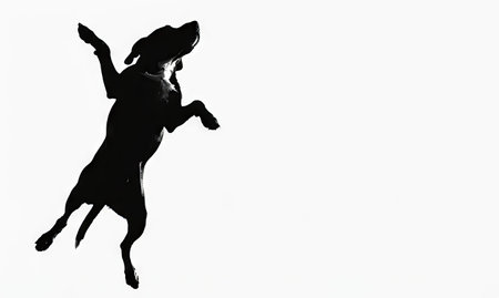 Black silhouette of a beagle dog in mid-air jump, highlighting agility and grace in minimalist style. Isolated on white background.の写真素材