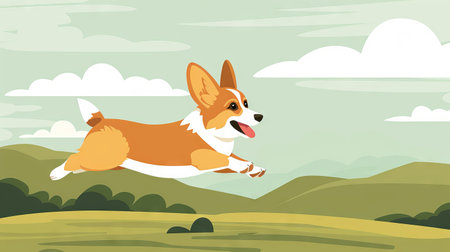 Energetic digital cartoon flat illustration of a corgi dog joyfully jumping in a scenic landscape - concept of pet happiness and playfulness.の写真素材