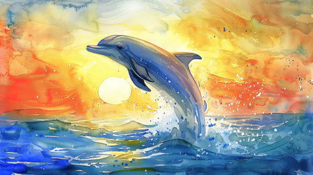 Vibrant sunset dolphin leaping through splashes in a watercolor seascape.の写真素材