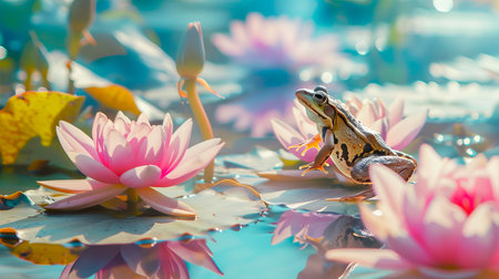 Frog Jumping from a Lily Pad in Serene Pond with Pink Lotus Flowers. Concept of Nature Beauty, Tranquility, Wildlife Habitat, and Water Life Balance.の写真素材