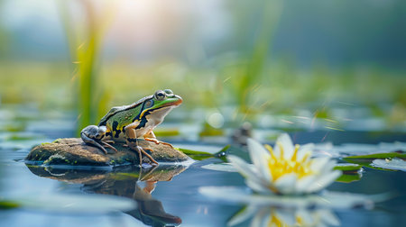 Vibrant Frog sitting on a Rock in a Tranquil Pond with Water Lily Embracing Nature's Serenity and Wildlife Harmony.の写真素材