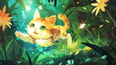 Cute Kitten Leaping Through Lush Greenery, Surrounded by Vibrant Flowers and Sunlight in a Whimsical Art Illustration. Adorable little cat in the magic fantasy forest.の写真素材