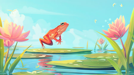 Cartoon Flat Illustration of a Frog Leaping Over Lily Pads in a Tranquil Pond. Concept of Nature, Wildlife, Peaceful Environments, and Serenity in Nature Art.の写真素材