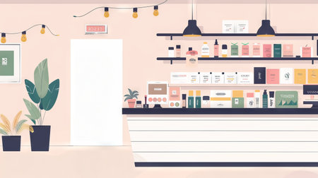 Modern illustration of interior of cozy cosmetic shop with shelves full of skincare and beauty products. Concept of retail, minimalistic design, contemporary store layout, beauty products arrangement.の写真素材