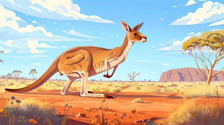 Charming Kangaroo Hopping Through the Australian Outback on a Sunny Day Illustration. Concept of Wildlife, Nature, Adventure, and Travel in the Vast Landscape of Australian.の写真素材