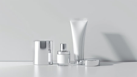 Minimalistic mockup of cream and lotion cosmetic containers in metallic and white tones. Concept of skincare packaging, luxury beauty products design, modern aesthetics. Copy space.の写真素材