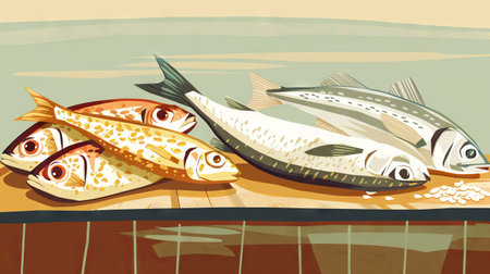 Digital illustration of various dried fish arranged on wooden surface - concept of seafood, culinary art, and nutrition.の写真素材