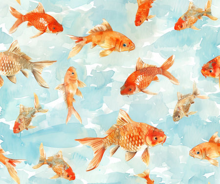Colorful koi fish swimming across light blue background - watercolor illustration of tranquil aquatic scene. Background.の写真素材