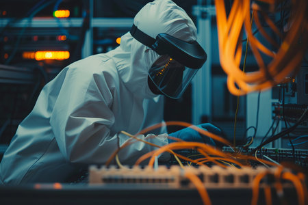 Engineer in protective gear working on high-tech equipment in a modern laboratory. concept of safety, technology, innovation, science.の写真素材