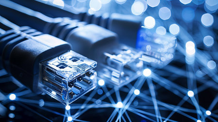 Minimalistic internet wires emerging with network connections focus. concept of digital...