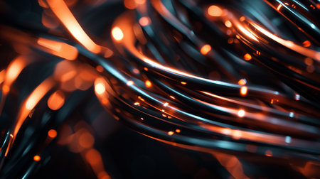 Abstract close-up of copper internet wires with dynamic lighting. concept of technology, connectivity, minimalism, digital infrastructure.の写真素材