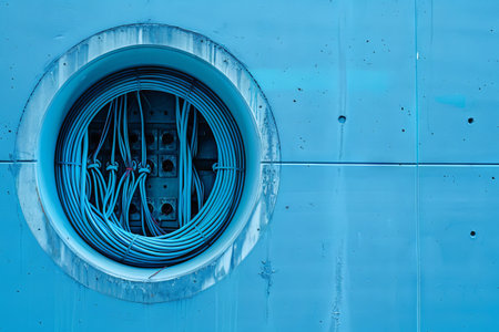 Minimalistic view of blue internet cables against a concrete wall. concept of modern technology and...