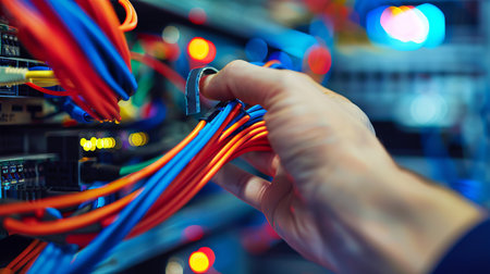 Close-up of hand connecting twisted pair internet wires in server room. concept of network...