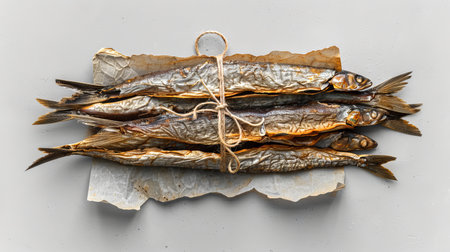 Bundle of dried fish tied with twine on parchment paper, concept of traditional seafood, preservation, and culinary ingredients.の写真素材