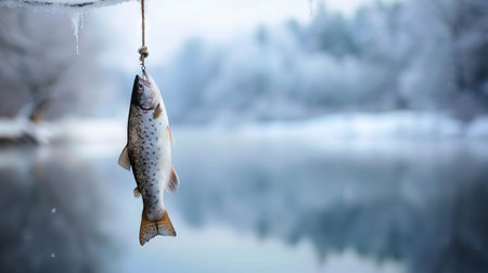 Freshly caught fish in a winter landscape. concept of fishing, outdoor adventure, nature, and technology. Copy space.の写真素材