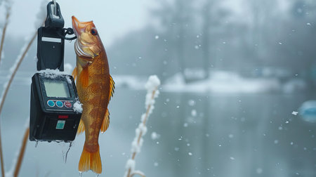 Freshly caught fish hanging on a digital scale by a snowy lake. concept of winter fishing, precision weighing, outdoor adventure. Copy space.の写真素材