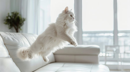 Fluffy white persian cat jumping gracefully indoors - concept of playful feline energy and graceful motion.の写真素材