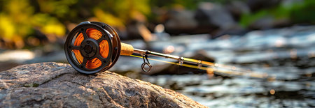 Modern sleek fishing reel with cork handle resting on rocks by a serene river. concept of outdoor...