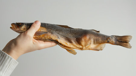 Hand holding a single dried fish against a plain background. concept of traditional seafood,...