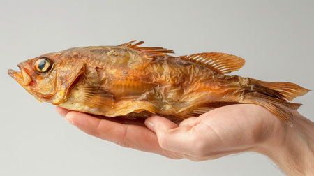 Close-up of a single dried fish held in a caucasian male hand. concept of traditional seafood...
