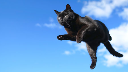 Sleek black cat leaping gracefully in mid-air against blue sky - concept of agility, freedom, elegance, feline beauty. Cute kitten.の写真素材