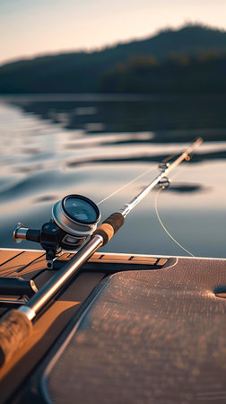 Smart fishing rod with built-in sensors on a calm lake. concept of advanced fishing technology, outdoor recreation, gadget innovation. Vertical.の写真素材