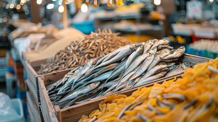 Assortment of dried and cured fish displayed in a vibrant market stall. concept of seafood cuisine, traditional markets, culinary ingredients, local gastronomy.の写真素材