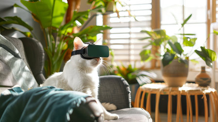 White cat wearing virtual reality glasses on a sunny couch. concept of futuristic technology, pet curiosity, home comfort, playful exploration.の写真素材