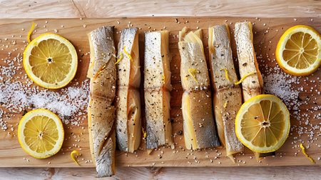Neatly arranged cured fish fillets with lemon and salt on a wooden board. concept of seafood...