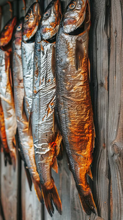 Rows of dried fish hanging against a rustic wooden wall - concept of traditional preservation, rustic aesthetic, culinary ingredients. Vertical.の写真素材