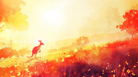 Vibrant watercolor illustration of a kangaroo hopping through sunlit australian outback. concept of wildlife, nature, and freedom.の写真素材