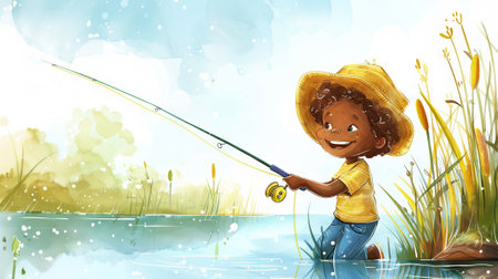 Joyful African American child boy fishing by the lake on a sunny day. Concept of childhood joy, outdoor activity, summer fun, and adventure.の写真素材