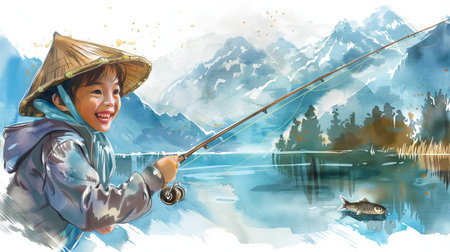Joyful Asian child boy fishing by mountain lake in scenic landscape art. Watercolor of a young...