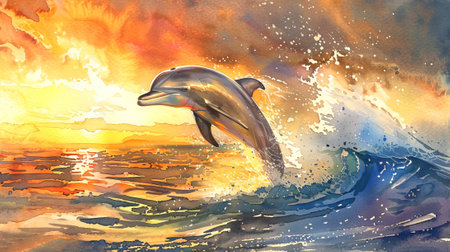 Dynamic dolphin leaping through vivid ocean waves at sunset. Watercolor art.の写真素材
