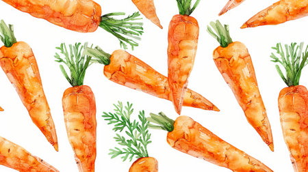 Vibrant watercolor illustration of scattered carrots featuring lush green tops. Concept of fresh produce, artistic patterns, and vegetable design. Background.の写真素材