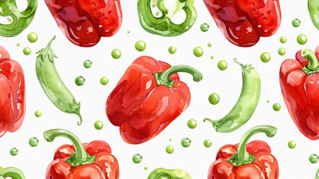 Watercolor Illustration of Red Bell Peppers, Green Peas, and Pea Pods Pattern. Concept of Fresh Produce, Organic Vegetables, Healthy Eating. Background.の写真素材