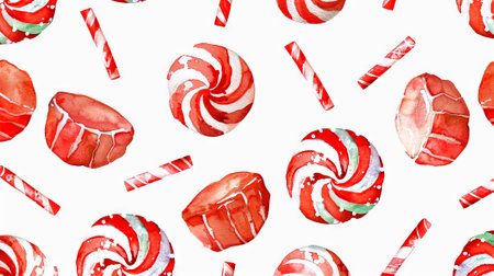 Watercolor Illustration of Pattern with Red and White Peppermint Candy. Concept of Holiday Sweets, Winter Festivity, Festive Confections. Background.の写真素材