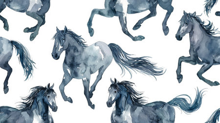 Dynamic Watercolor Illustration of Black Horses Galloping with Golden Accents and Abstract Patterns. Concept of Artistic Freedom, Elegant Movement, Equestrian Charm.の写真素材