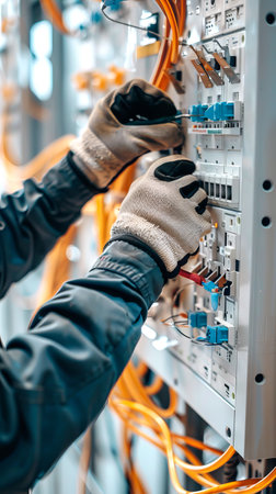 Close-Up of Electrician's Hands in Gloves Working on Wiring Panel. Concept of Professional...