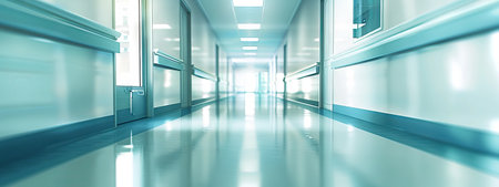 Bright Empty Hospital Corridor with Natural Light. Concept of Modern Healthcare Facilities, Cleanliness, Medical Environment. Copy space.の写真素材