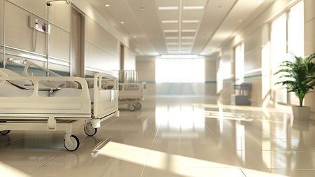 Modern empty hospital ward with empty beds and bright lighting. Concept of healthcare facility, medical treatment, clean patient room, and sterile recovery environment.の写真素材