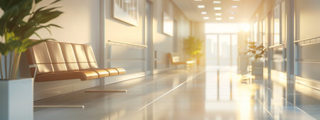 Sunlit Hospital Corridor with Modern Design and Indoor Plants for a Welcoming Healthcare Environment. Banner. Copy space.の写真素材