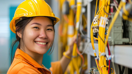 Smiling Asian Woman Electrician in Safety Helmet Working with Wiring. Concept of Female Empowerment,...