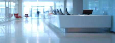 Bright Modern Hospital Front Desk with Sleek Design and Clean Atmosphere. Blurred background. Concept of Healthcare, Contemporary Interiors, Medical Facility Efficiency. Banner. Copy space.の写真素材