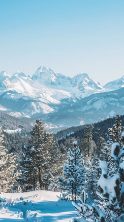 Majestic Snowy Mountain Range with Pristine Pine Trees on a Clear Blue Sky Day. Concept of Winter Wilderness, Alpine Natural Beauty, Tranquil Scenic Landscape. Vertical.の写真素材