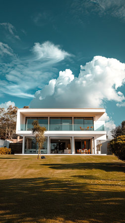 Modern Minimalist Two-Story Glass House Amidst Lush Greenery Under Blue Skies. Concept of...