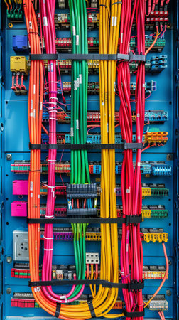 Top View of Electrical Panel with Colorful Wiring and Circuit Breakers. Concept of Modern Technology, Electrical Engineering, Power Management. Vertical.の写真素材