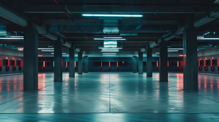 High-Tech Indoor Shooting Range Highlighting Modern Architecture and Advanced Security Features in a Low-Light Environment.の写真素材